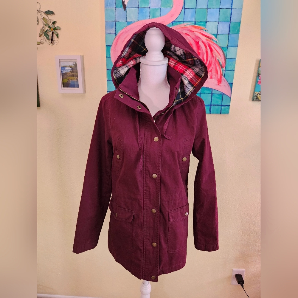 Women's cotton Burgundy Hooded Jacket with Plaid Lining Sz S